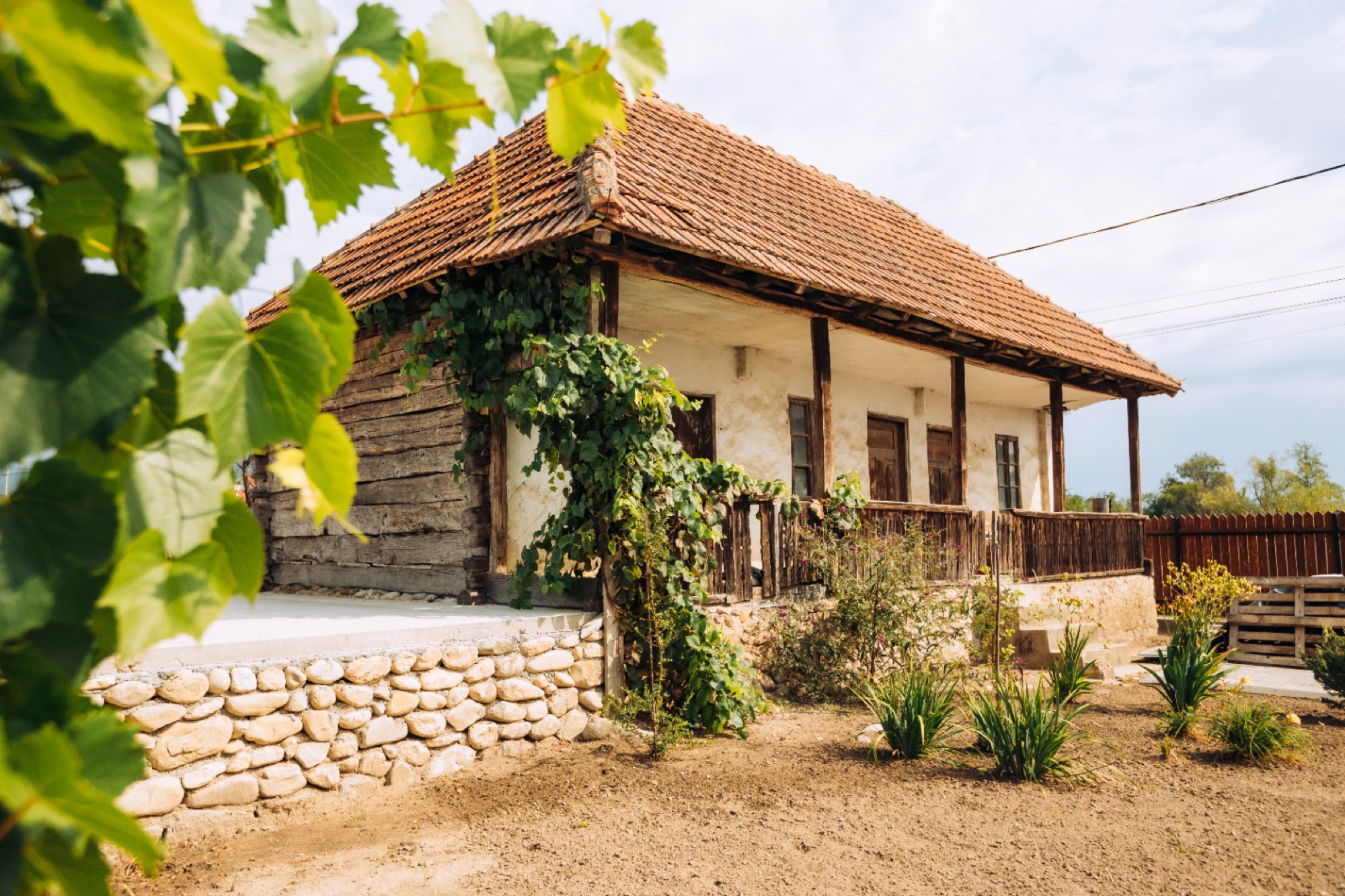 Casa veche restaurată a pensiunii Acasă la Brâncuș, cu viță de vie și temelie de piatră